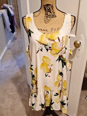 White Lemon-Print Tie-Sleeve Midi Dress